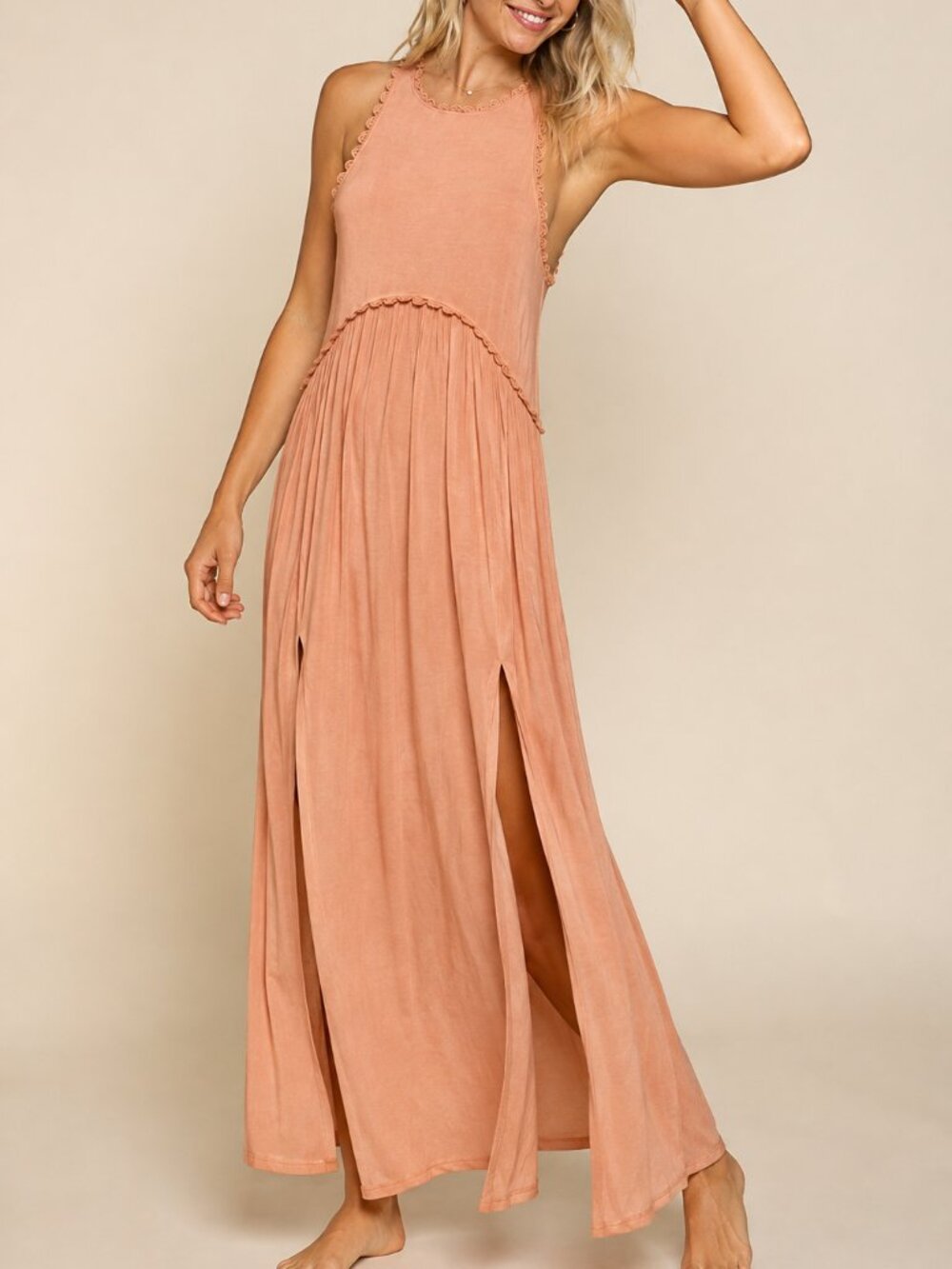 POL Dusty Peach Boho Stretch Maxi Dress Lace Trim Open Back Slit NWT